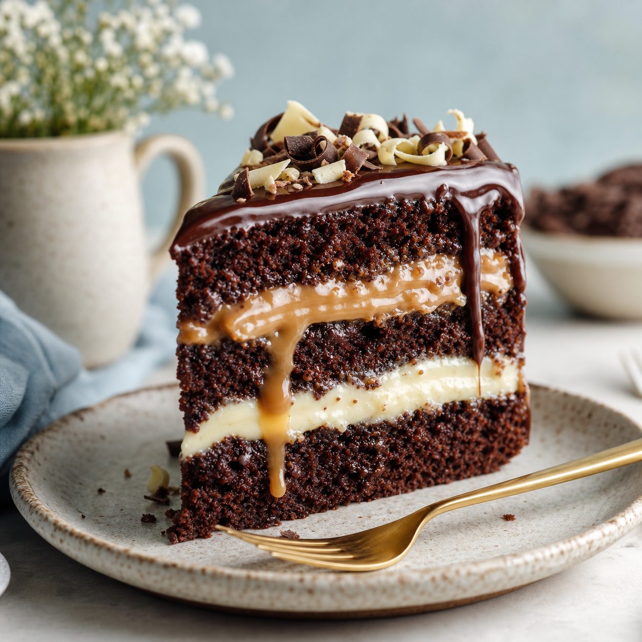 Fatia generosa de bolo de chocolate com recheio cremoso